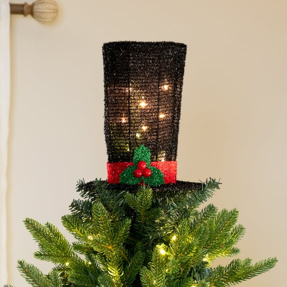 Northlight 9.25" Lighted Black Tinsel Top Hat Christmas Tree Topper, Clear Lights