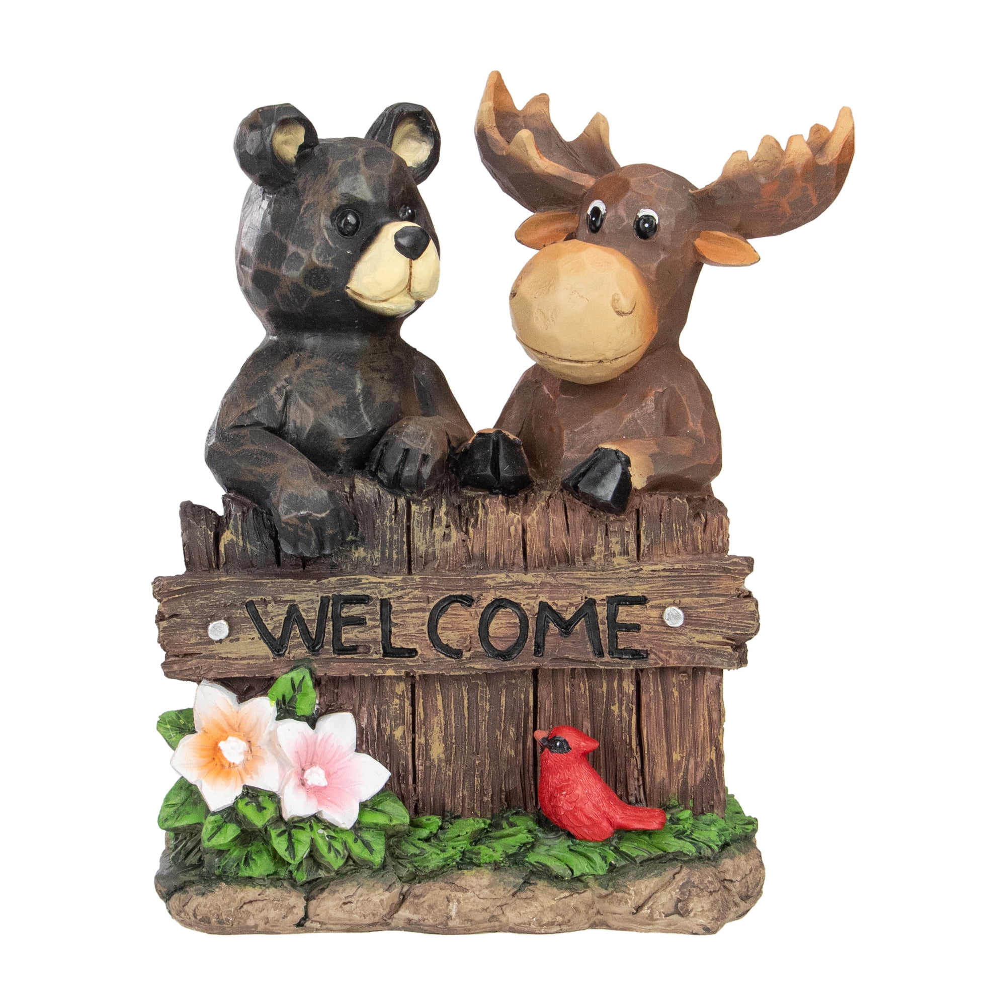 Black Bear and Moose Welcome Garden Statue with Cardinal