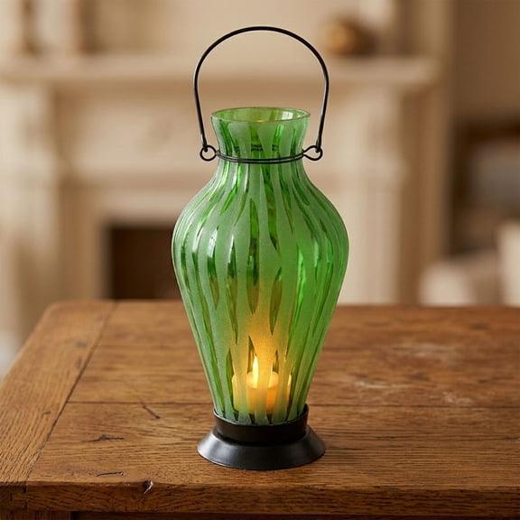 Northlight 9.5" Frosted Green Ribbed Vase Glass Bottle Tea Light Candle Lantern Decoration