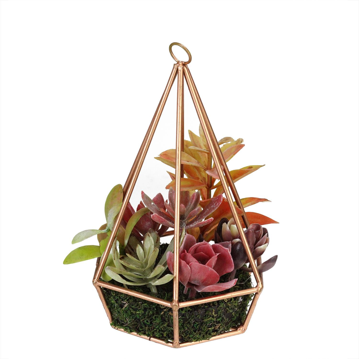 Northlight 9" Artificial Plant Succulents Arrangement in 6-Sided Copper Metal Wire Frame