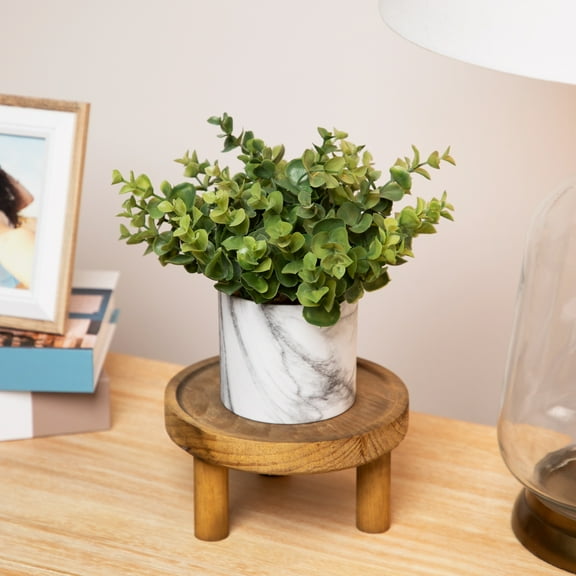 9" Green Artificial Eucalyptus in a Marble Style White Pot