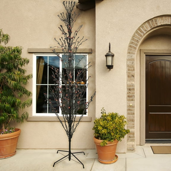 Pre-Lit Black Cascade Outdoor Halloween Twig Tree - 9' - Orange Lights