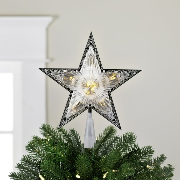 Northlight 9" Pre-Lit Silver and Clear Crystal 5 Point Star Christmas Tree Topper - Clear Lights