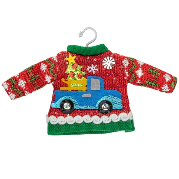 Northlight 9" Red Ugly Sweater on a Hanger with a Truck Design Christmas Ornament