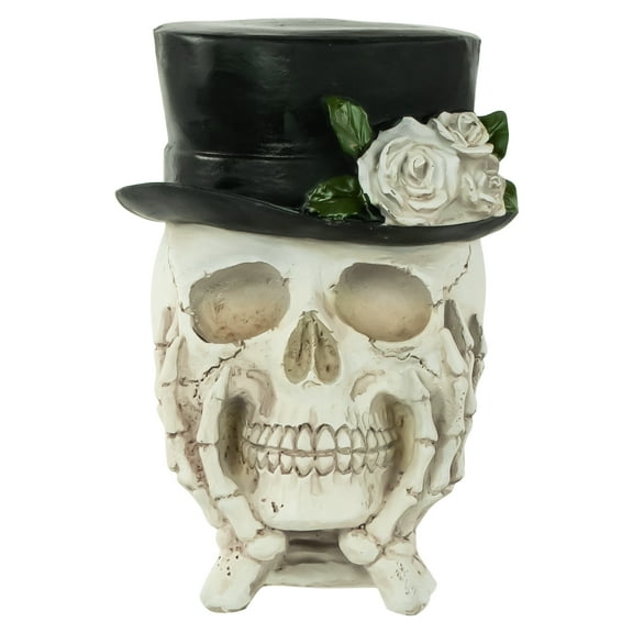 Northlight 9" Skull with Top Hat and Roses Halloween Decoration