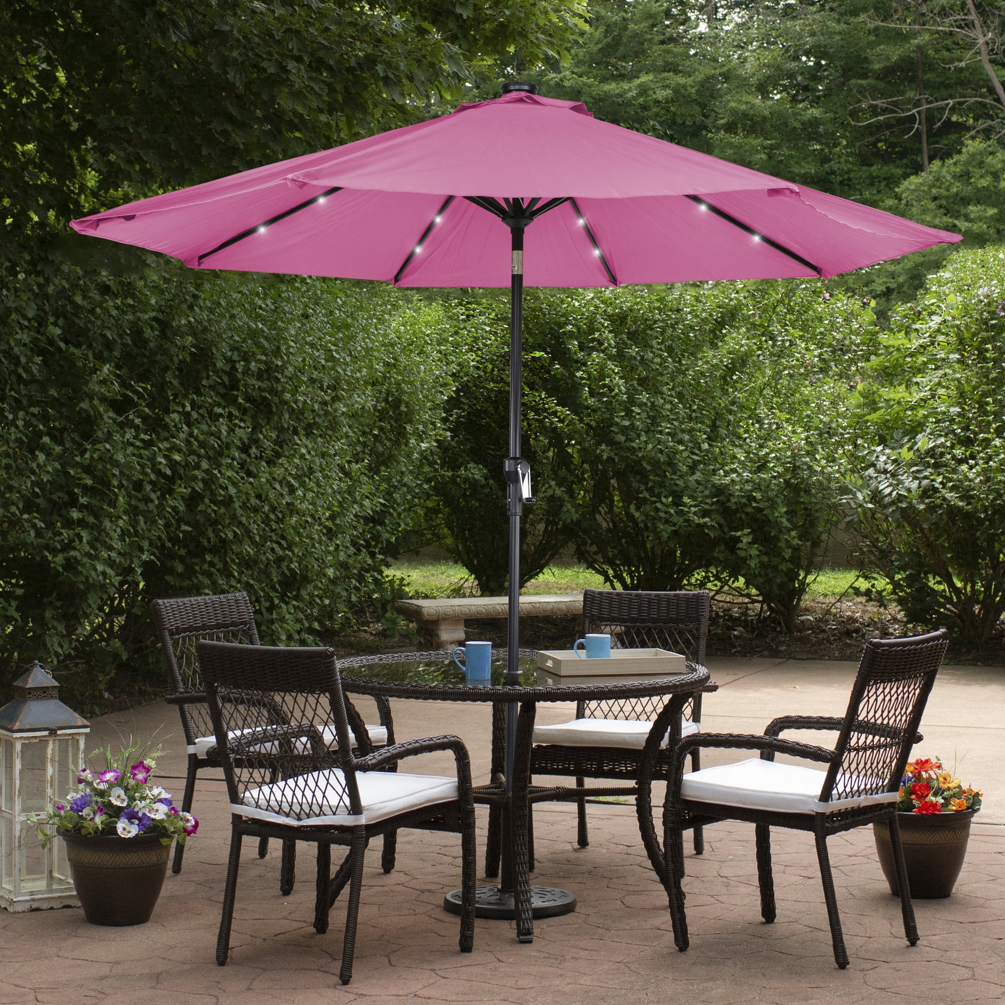 Northlight 9ft Solar Lighted Outdoor Patio Market Umbrella with Hand Crank and Tilt, Pink