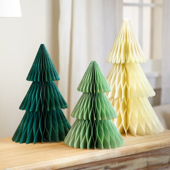 Northlight Accordion Honeycomb Foldable Paper Christmas Trees - 15" - Green and Ivory - Set of 3