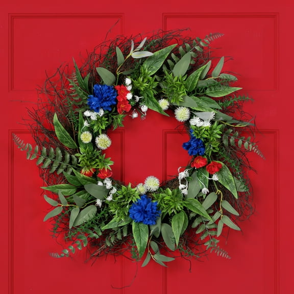 Northlight Americana Buttonbush and Carnation Floral Patriotic Wreath - 24"