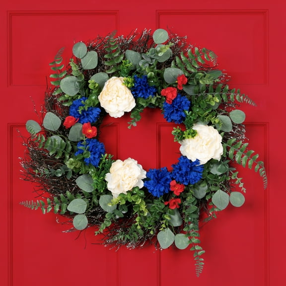 Northlight Americana Mixed Foliage and Florals Artificial Patriotic Wreath - 24"- Unlit