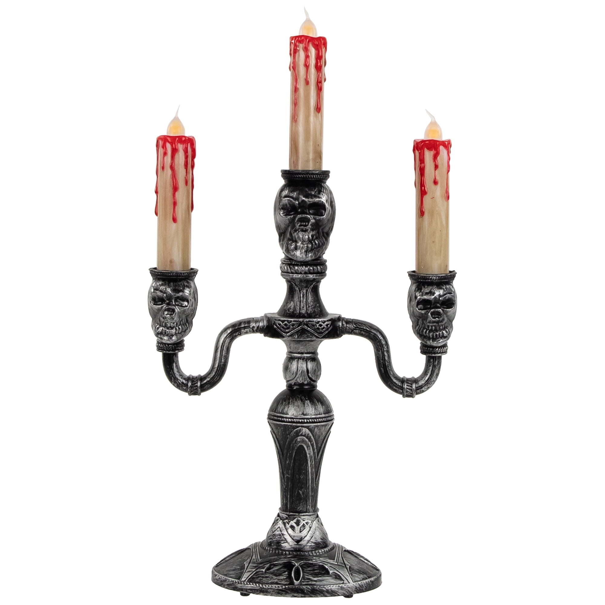 Antique Silver Skull Trio Halloween Candelabra with Dripping Blood LED Candles