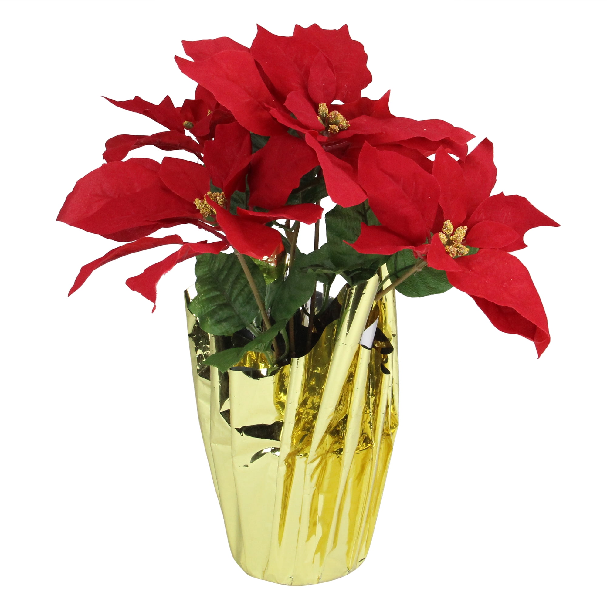 Red and Gold 16" Artificial Poinsettia in Wrapped Pot