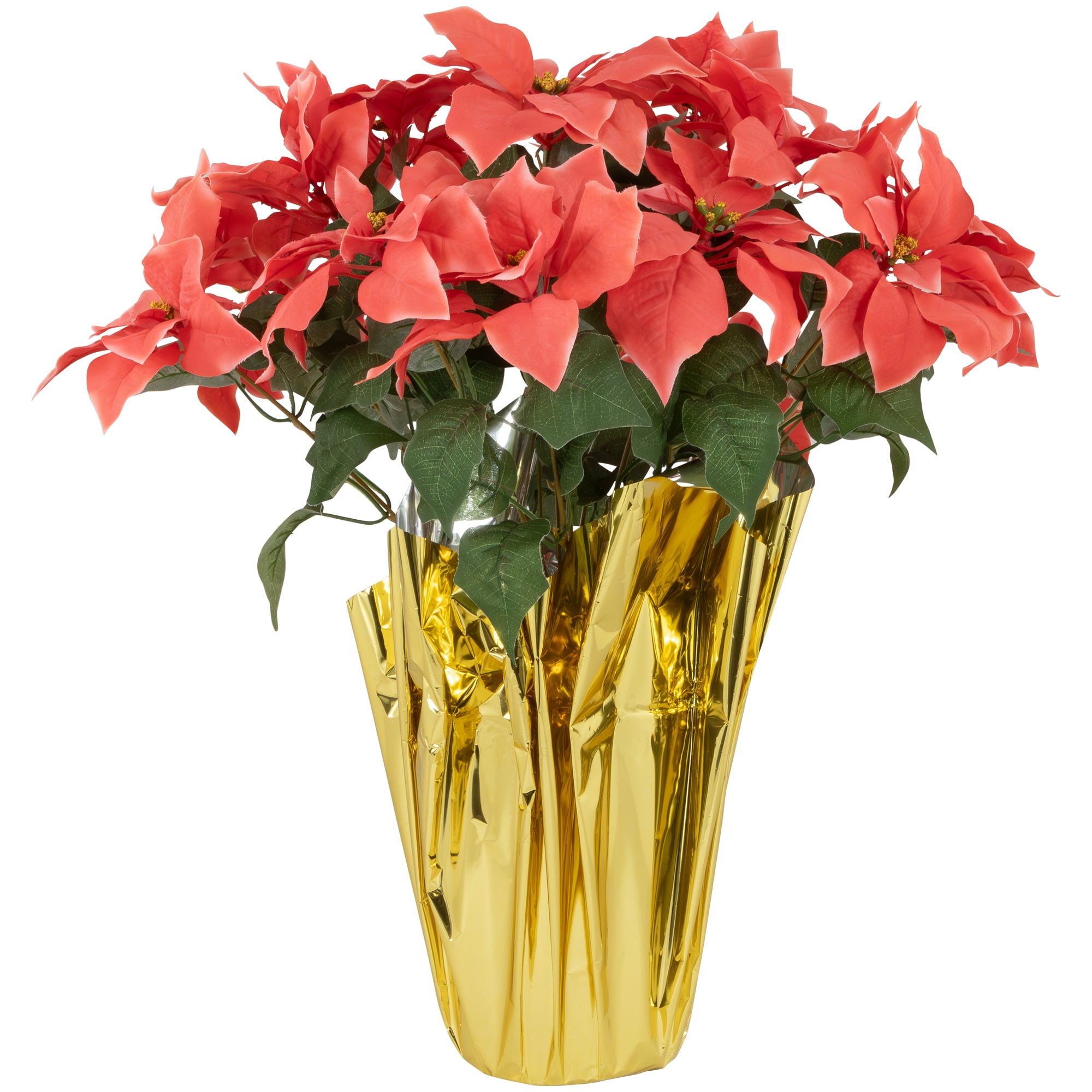 Red and Gold 16" Artificial Poinsettia in Wrapped Pot