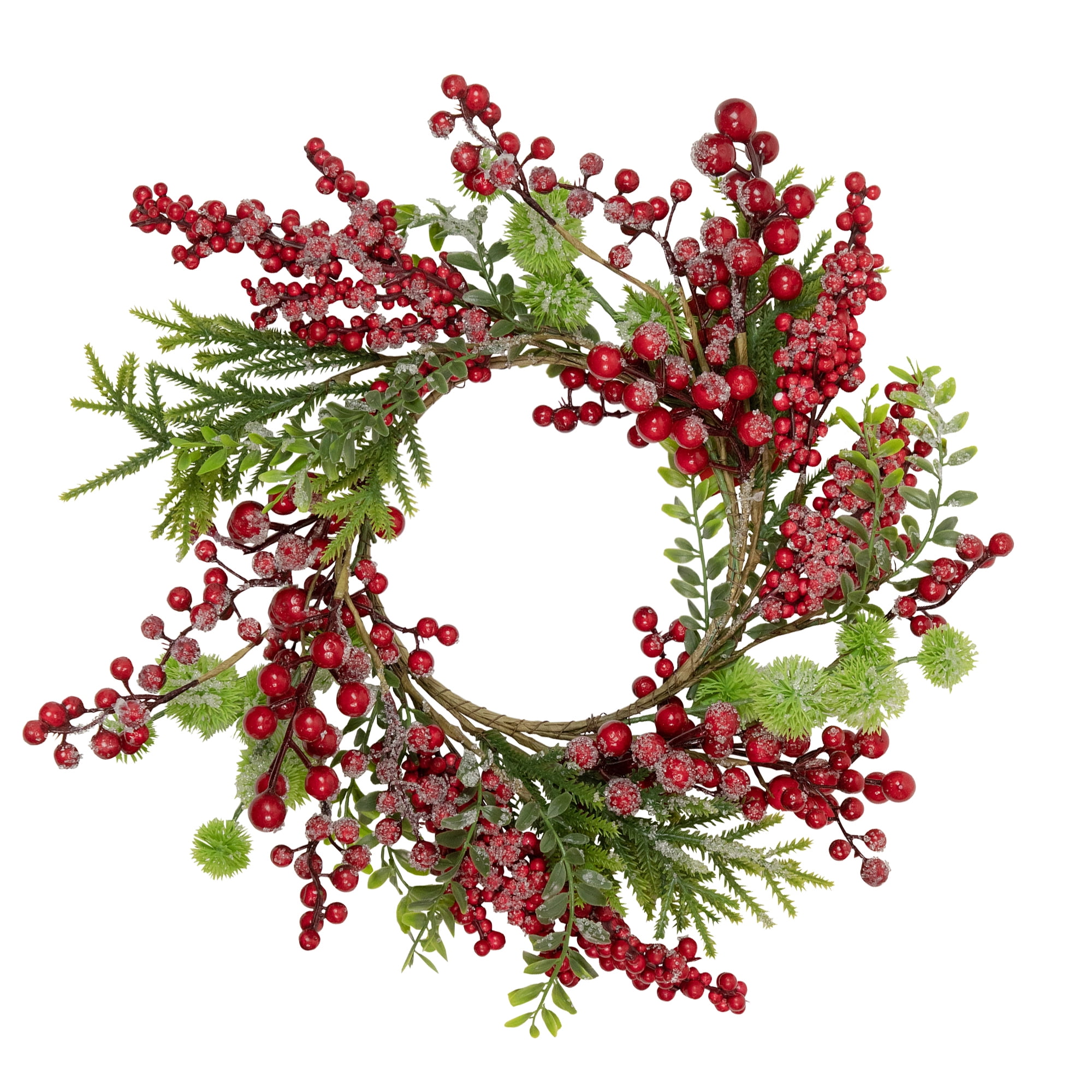 Artificial Frosted Red Berry and Pine Christmas Wreath, 16-Inch Unlit