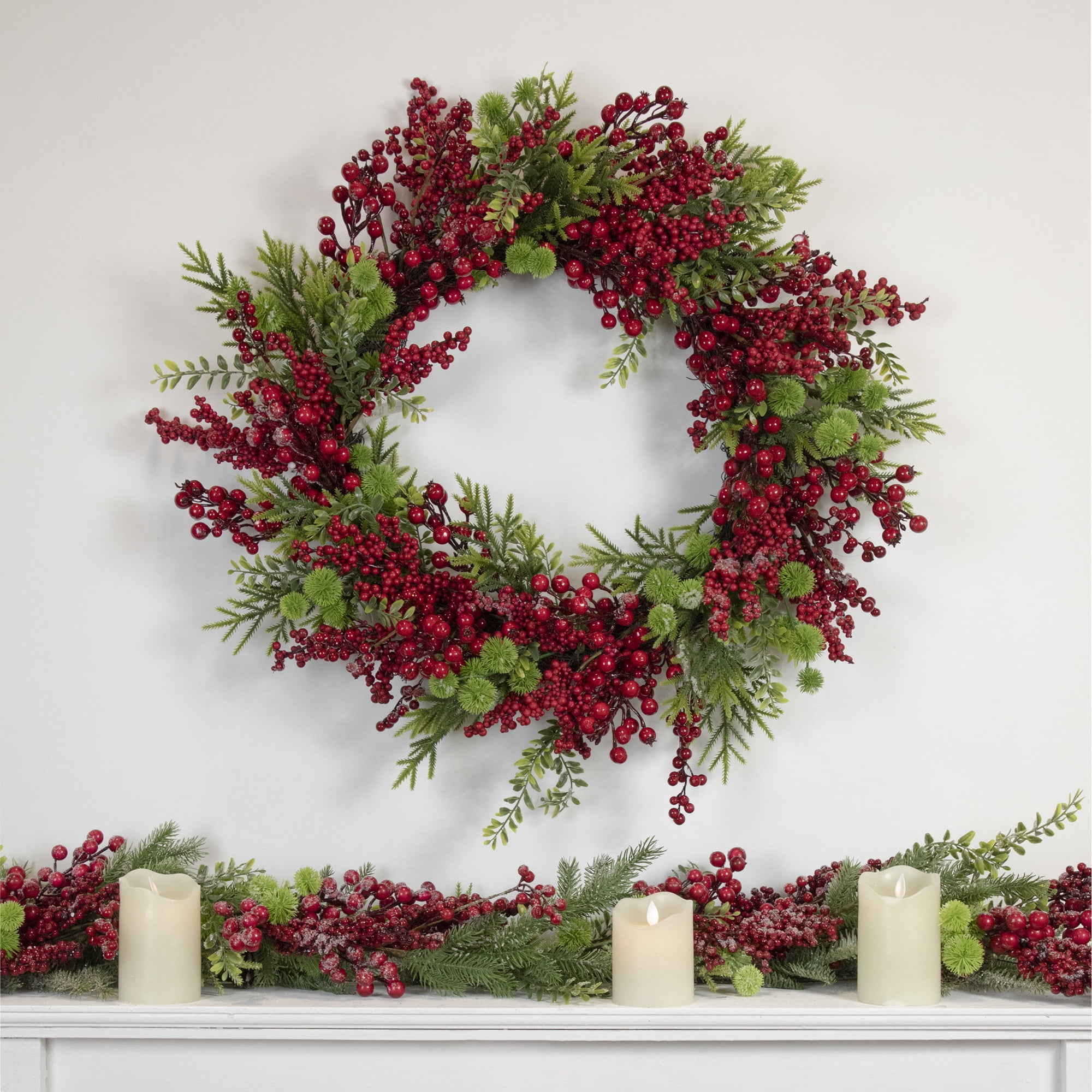Artificial Frosted Red Berry and Pine Christmas Wreath, 28-Inch