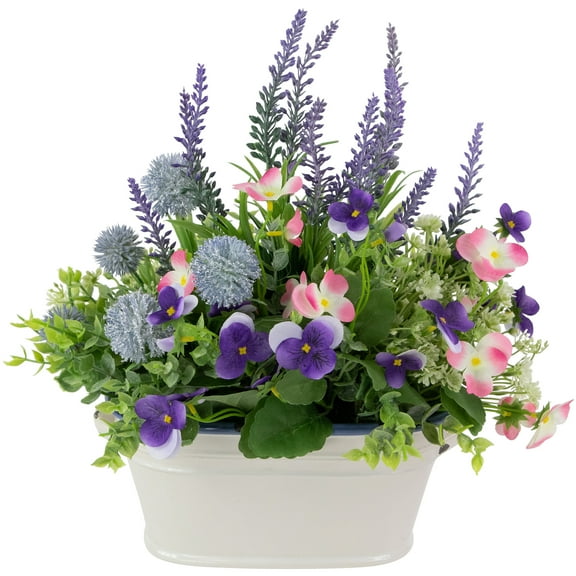 Northlight Artificial Lavender and Mixed Spring Floral Arrangement in Weathered Ceramic Pot - 12"