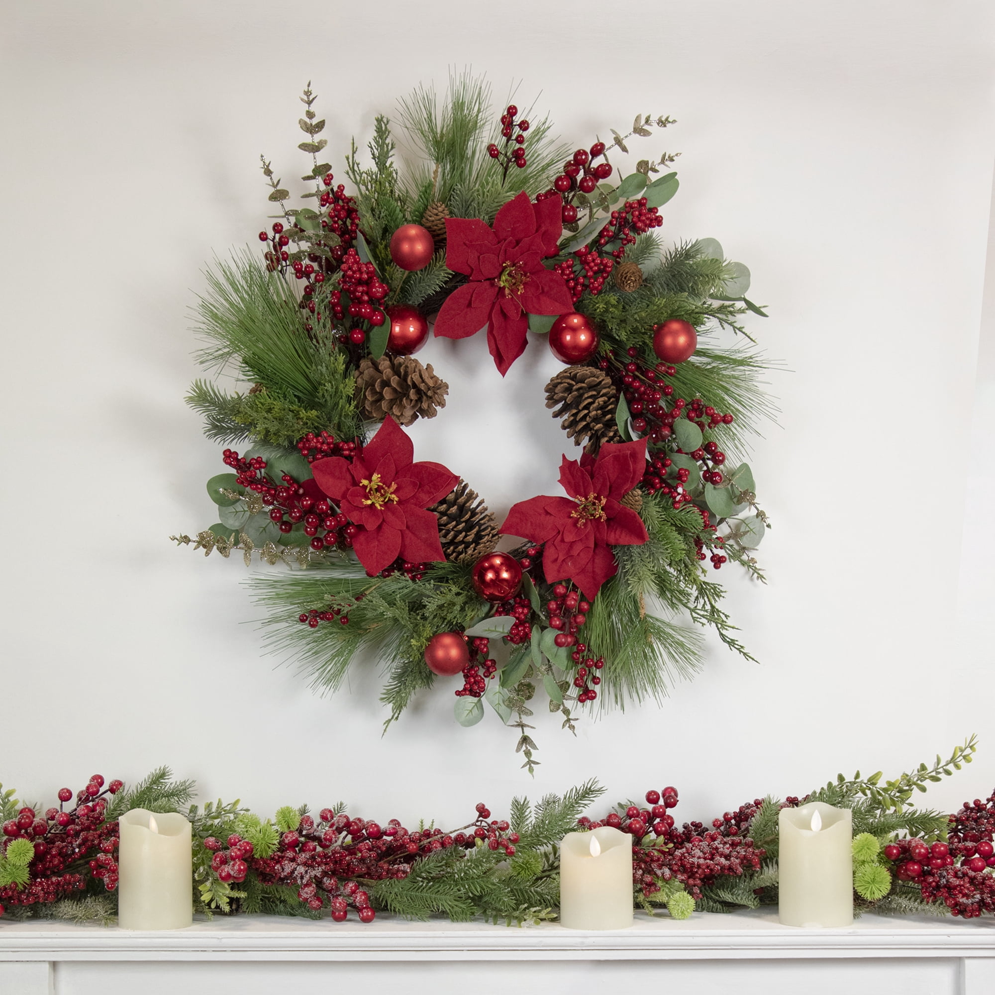 Northlight Artificial Red Berry and Poinsettia Christmas Wreath, 28 ...