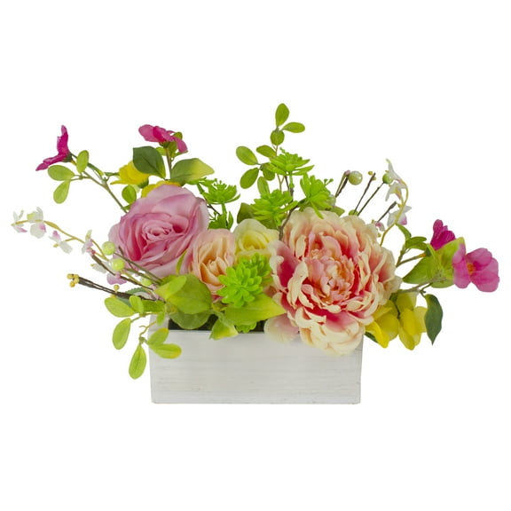 Artificial Roses and Peony Floral Arrangement in Planter - 14" - Pink and Yellow