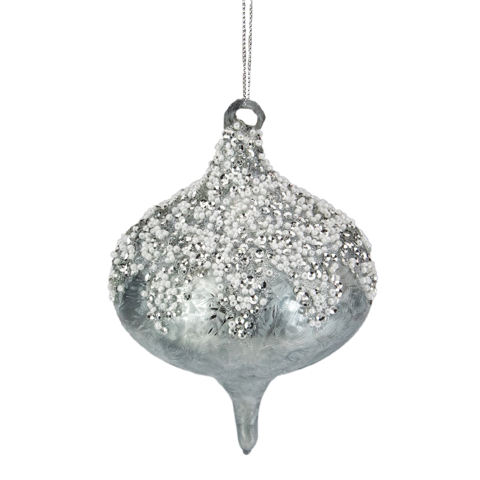 Silver Beaded Sequined Glass Onion Christmas Ornament