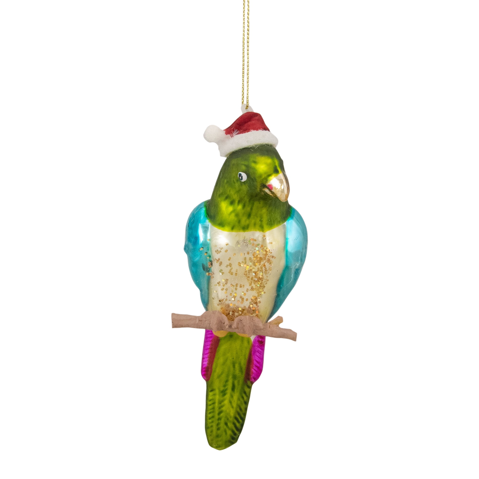 6.25" Green and Blue Parrot with Santa Hat Glass Ornament