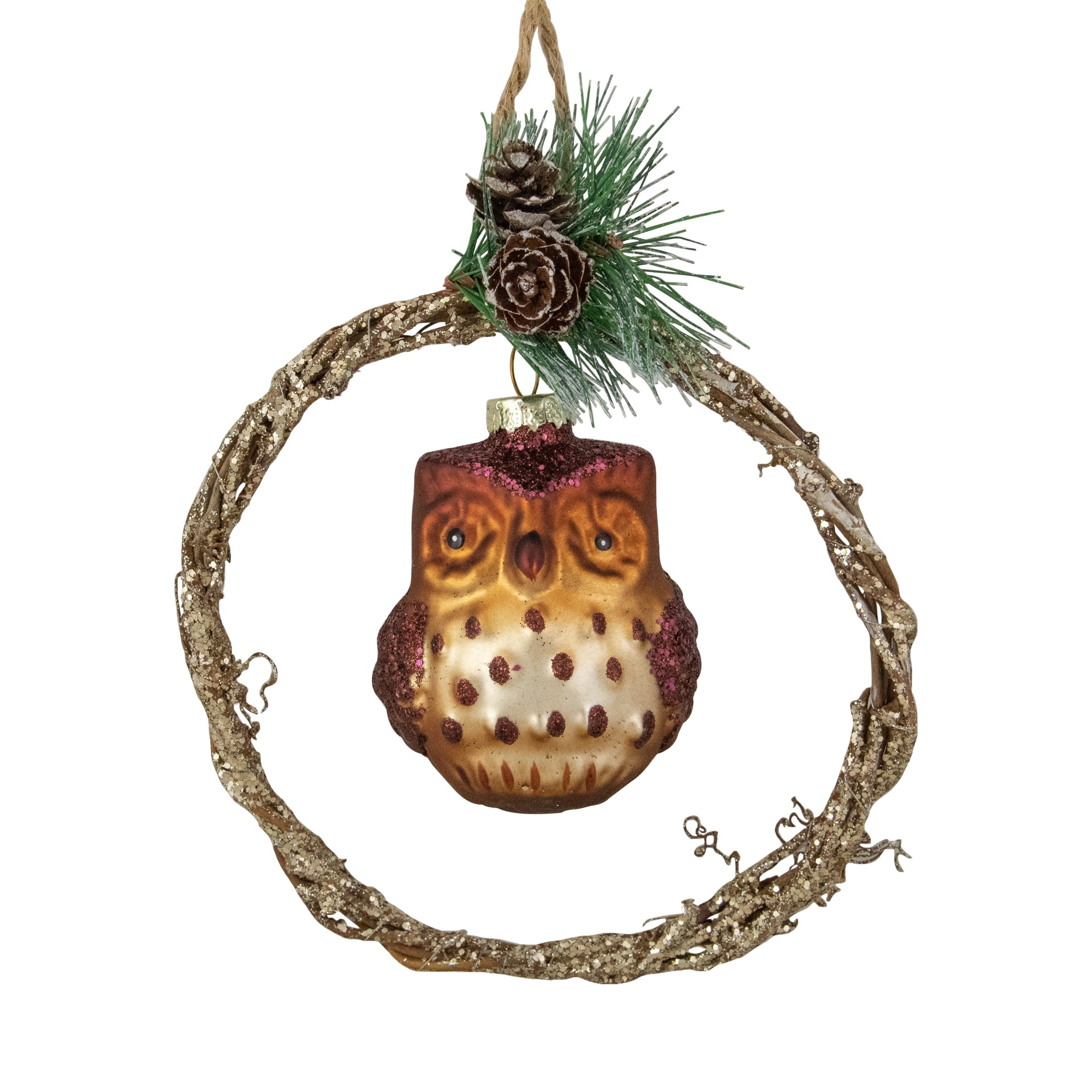 5.25" Brown Glass Owl Ornament with Twig Wreath