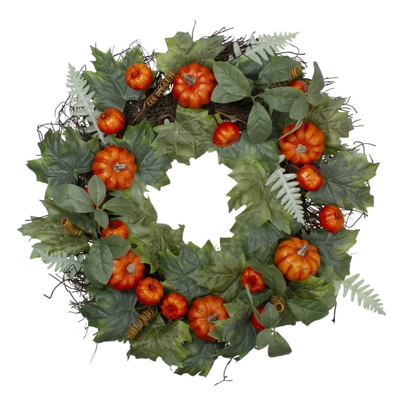 Northlight Maple and Fern Leaves with Pumpkins Artificial Wreath, Orange 24-Inch