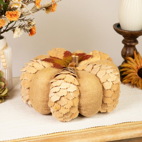 Northlight Burlap and Wooden Petals Pumpkin Fall Harvest Decoration - 10" - Beige