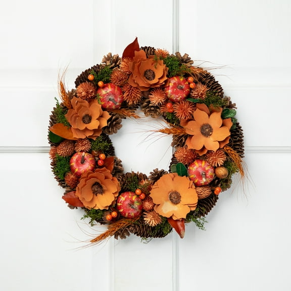 Northlight Shaved Wood Flowers with Gourds Small Artificial Fall Harvest Wreath - 13.25"