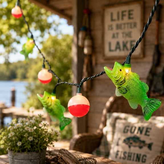 Northlight Bass Fish and Bobber Indoor Outdoor Patio Light Set - 5.75' Green Wire - 10ct