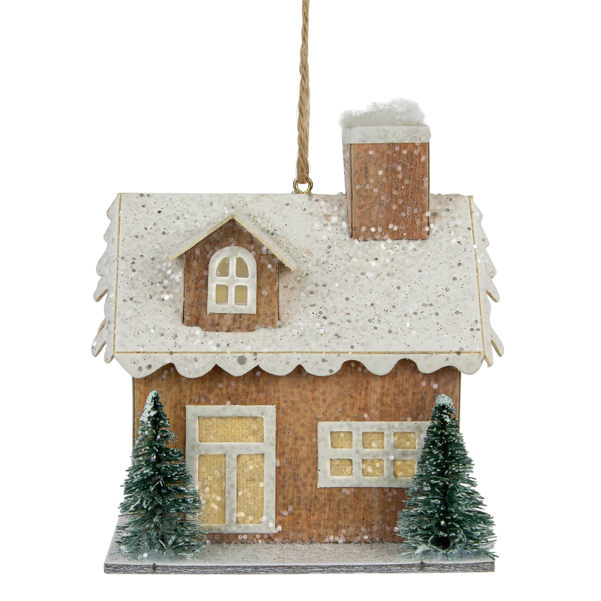 Rustic Beige Lighted Wood House Christmas Ornament
