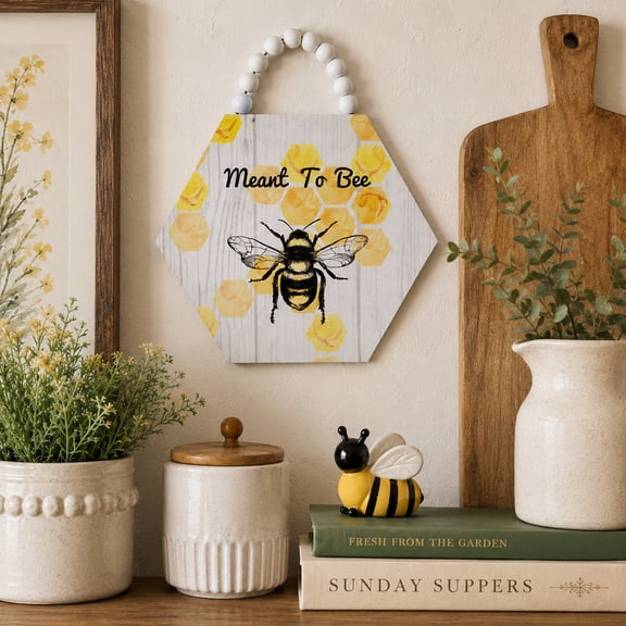 Northlight Beaded Meant to Bee Hexagon Hanging Wall Sign - 8.25" x 7" - White and Yellow