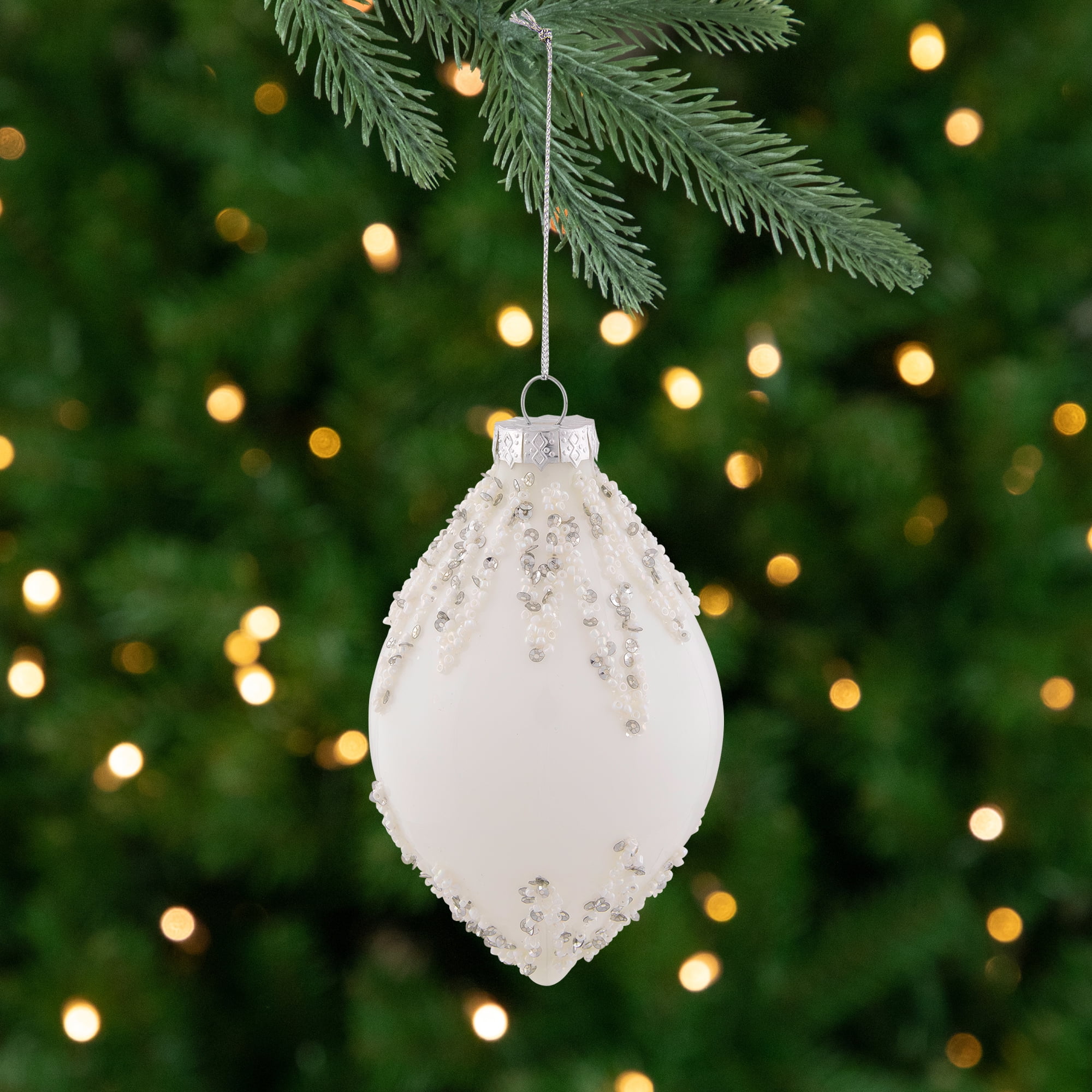White Beaded and Silver Sequins Glass Finial Ornament