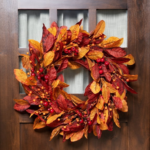 Northlight Berries with Leaves Artificial Fall Harvest Twig Wreath - 24"