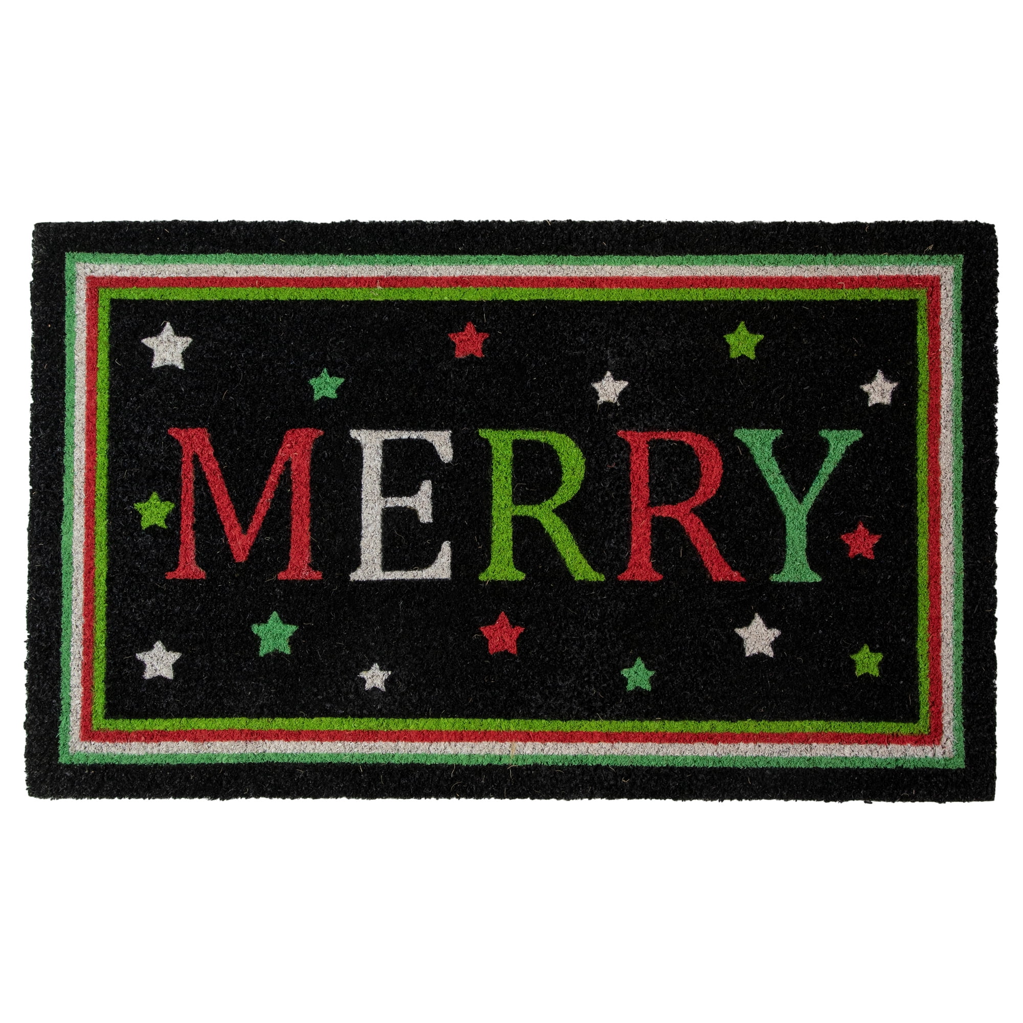 Black Coir Merry Christmas Doormat with Stars and Striped Border