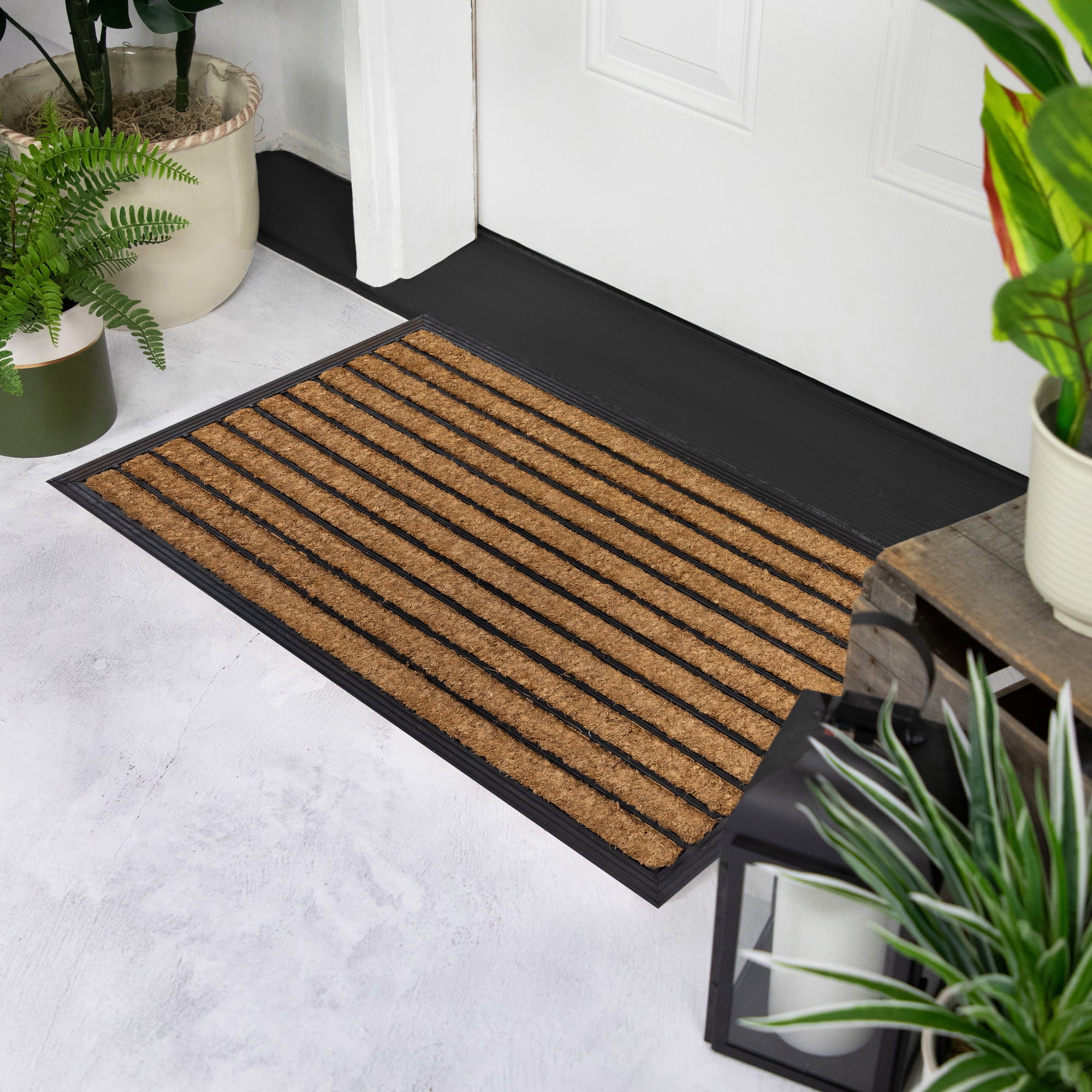Black and Brown Striped Coir Outdoor Rectangular Doormat 29.5" x 17.75"