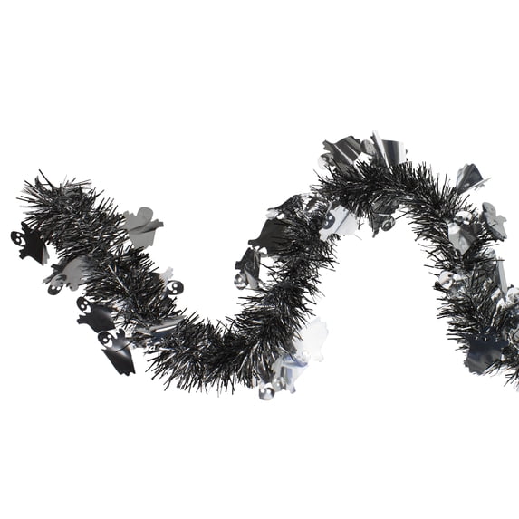 Black and Silver with Ghosts Halloween Tinsel Garland - 50 feet, Unlit