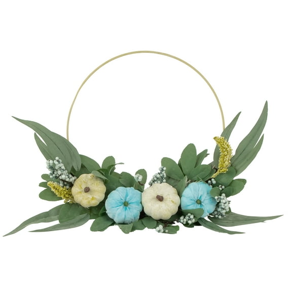 Northlight Blue Pumpkins and Foliage Fall Harvest Small Artificial Half Wreath - 20"