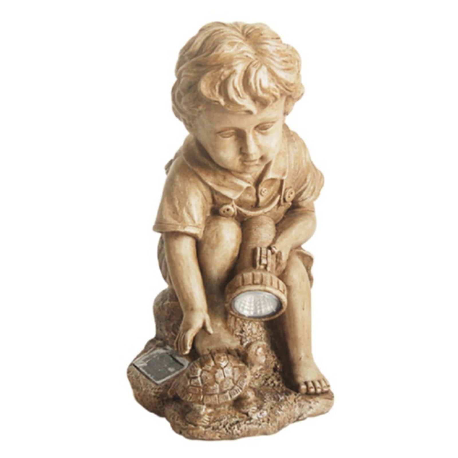 Distressed Brown Boy with Turtle Solar Powered LED Garden Statue