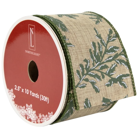 Northlight Brown with Green Leaves Wired Craft Ribbon 2.5" x 10 Yards