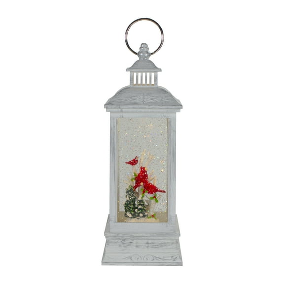 Northlight Brushed Christmas Cardinals Snow Globe Lantern - 11" - White and Silver