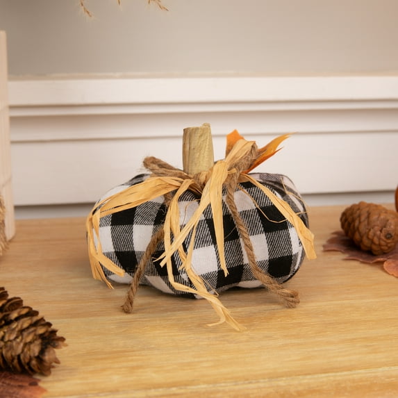 Northlight Buffalo Check Pumpkin with Jute Bow Fall Harvest Decoration - 5" - White and Black