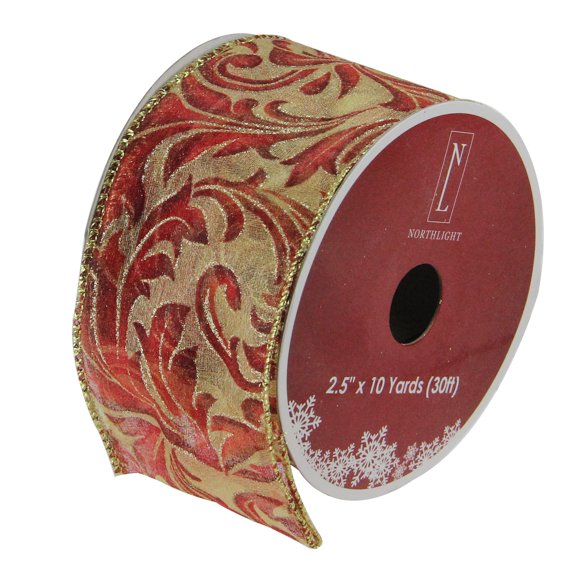 Northlight Burgundy Red Scroll Print Gold Wired Mesh Christmas Craft Ribbon 2.5" x 10 Yards