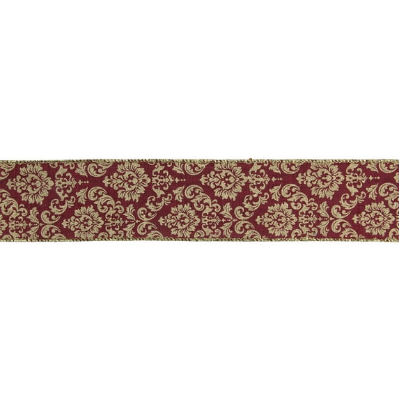 Northlight Burgundy Red and Gold Damask Christmas Wired Craft Ribbon 2.5" x 16 Yards