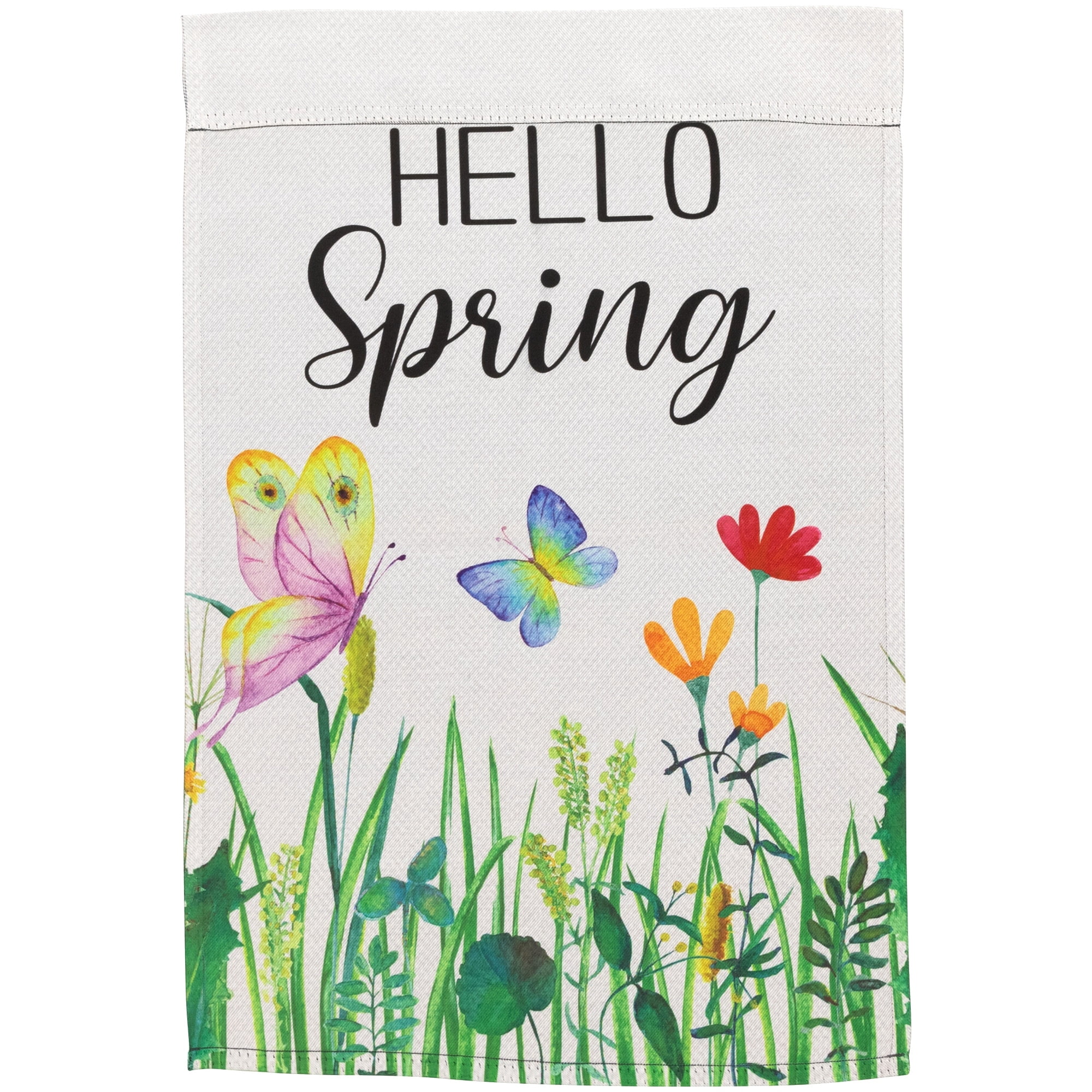 White Polyester Spring Garden Flag with Butterflies and Flowers