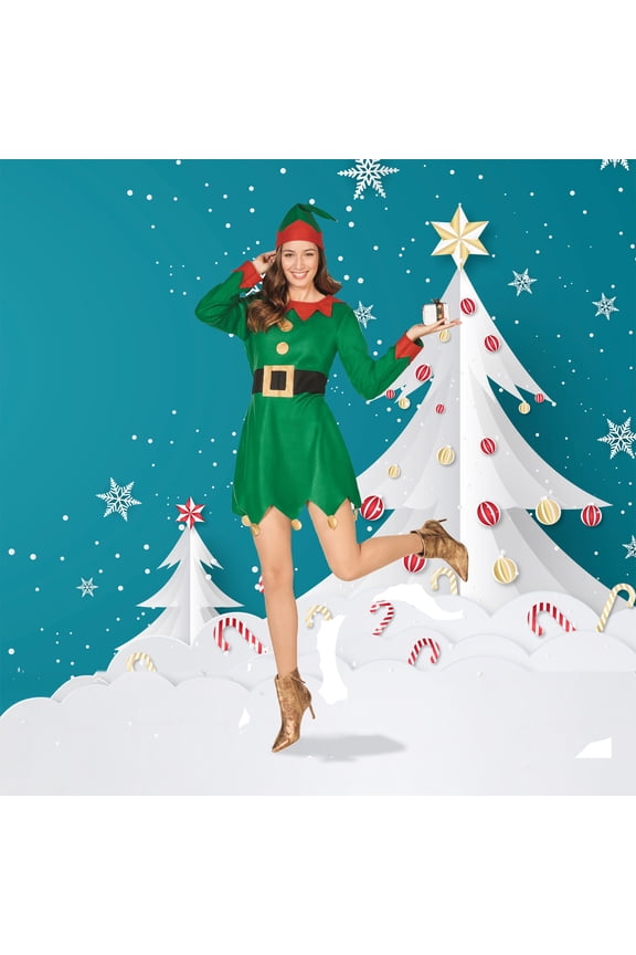 Christmas Elf Women's Costume Green Dress and Hat - Plus Size