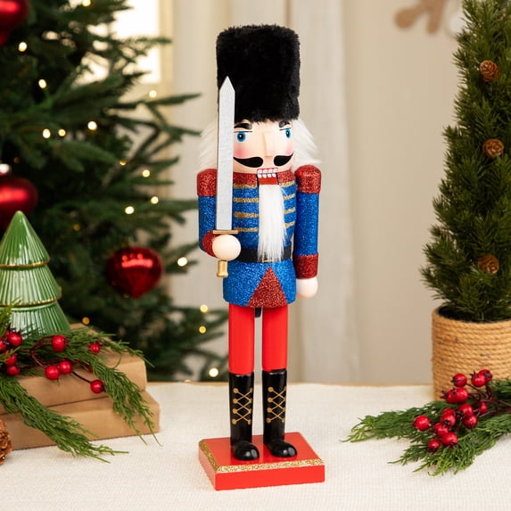 Northlight Christmas Nutcracker Soldier with Faux Fur Hat and Sword - 14" Red and Blue