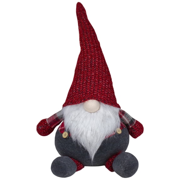 Northlight Chubby Plaid Gnome Sitting Figure Christmas Decoration - 18" - Red and Gray