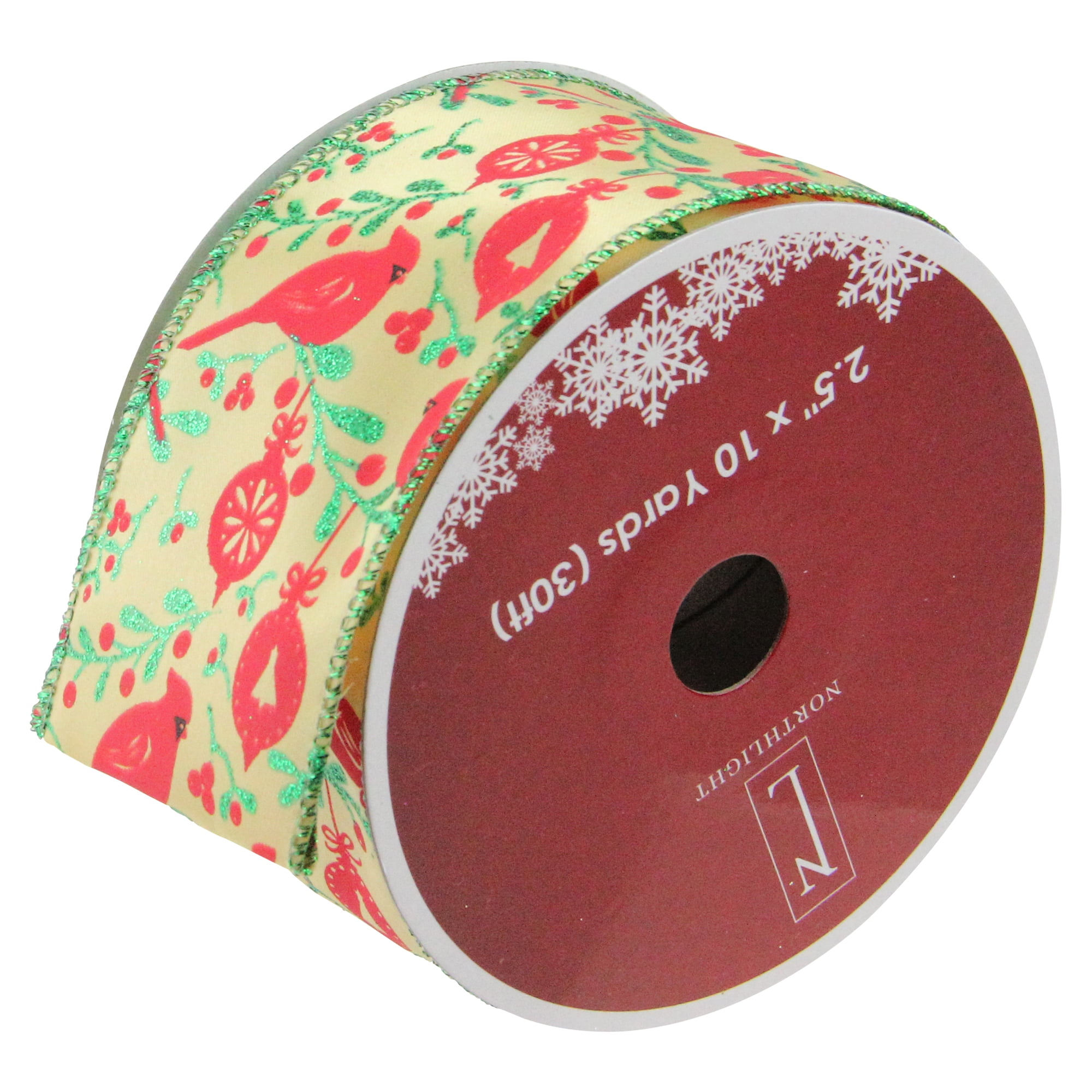 Northlight Club Pack of 12 Green and Ivory Cardinals Wired Christmas Craft Ribbon Spools 2.5" x 120