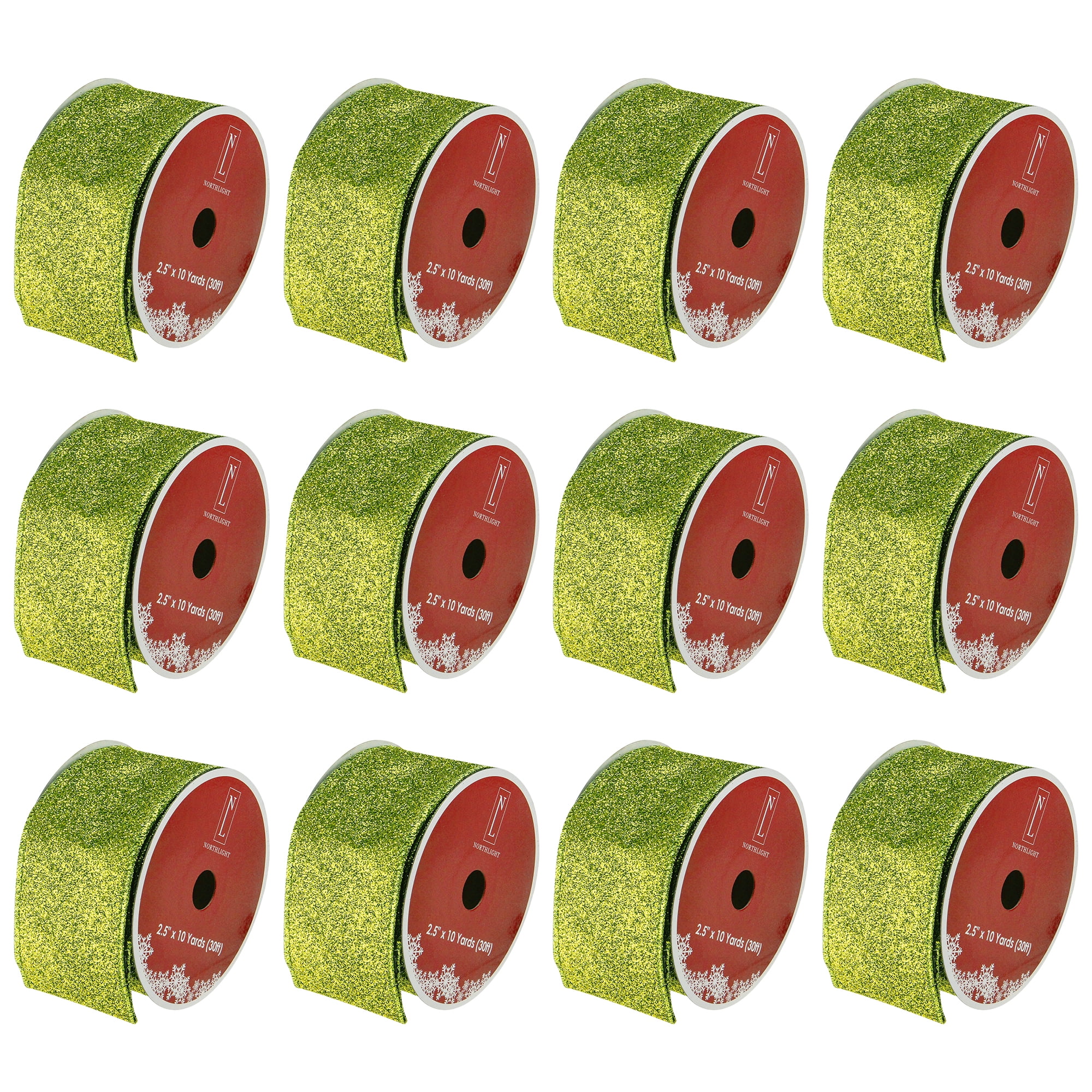 Northlight Club Pack of 12 Lime Green Solid Shimmering Wired Christmas Craft Ribbons - 2.5" x 120