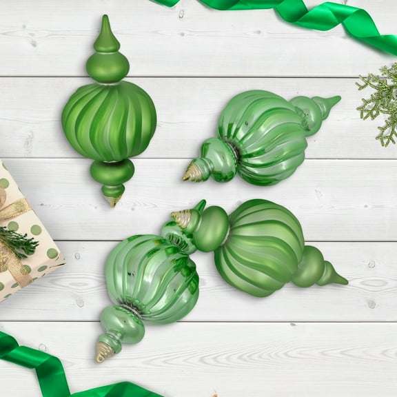 Northlight Commercial Size Shatterproof 2-Finish Finial Christmas Ornaments - Green -10" - 4ct