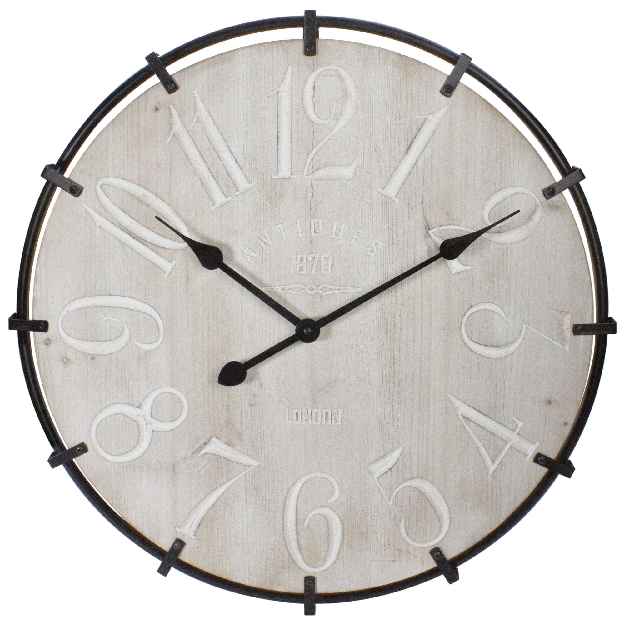 23.5" Black Metal and Light Brown Wood Rustic Round Wall Clock